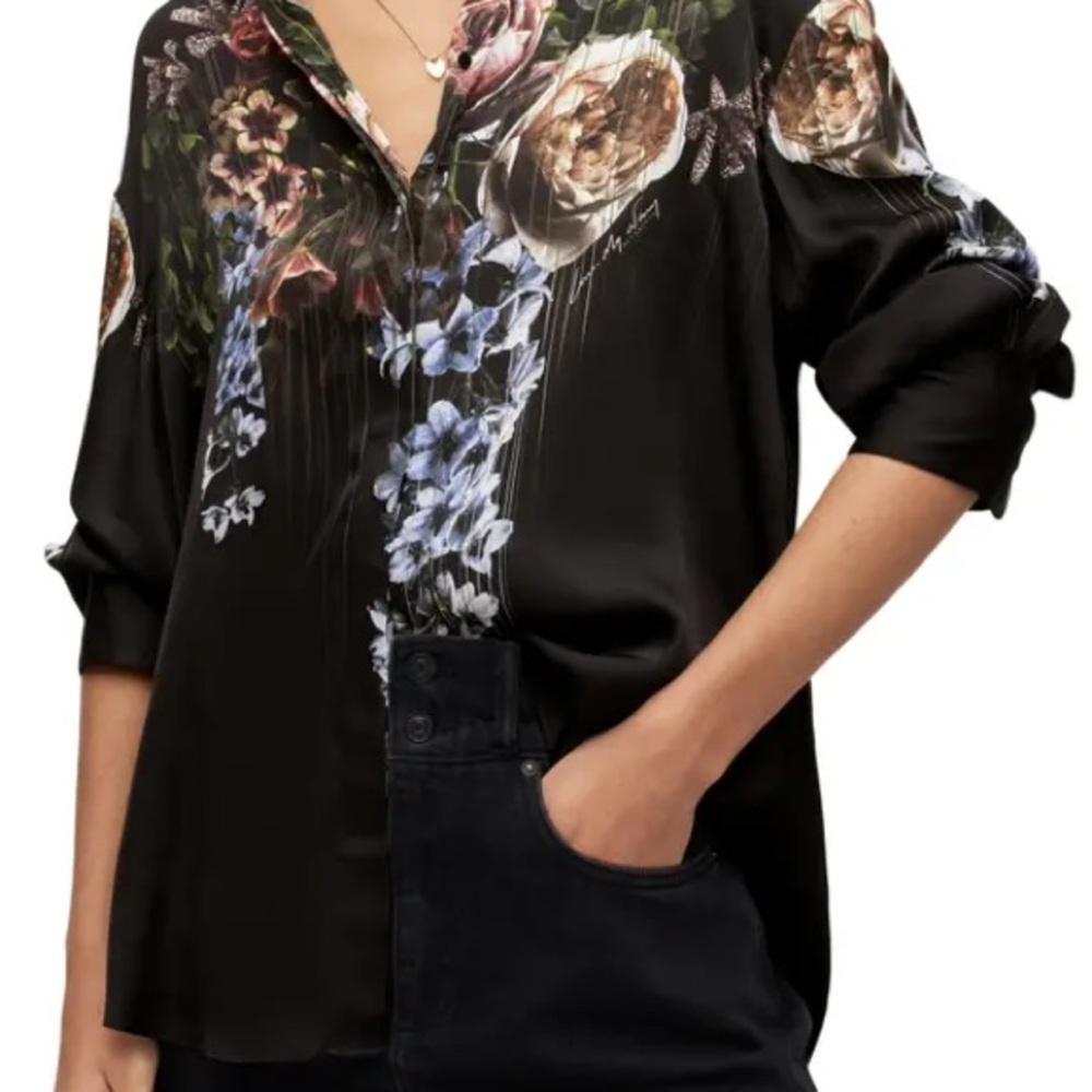 All Saints Black Floral Satin Button-Up Blouse - Picture 2 of 5